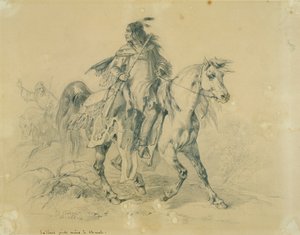 馬に乗ったブラックフィートの戦士、1833-43年（紙に鉛筆、ペン、トイレ） 作： Karl Bodmer
